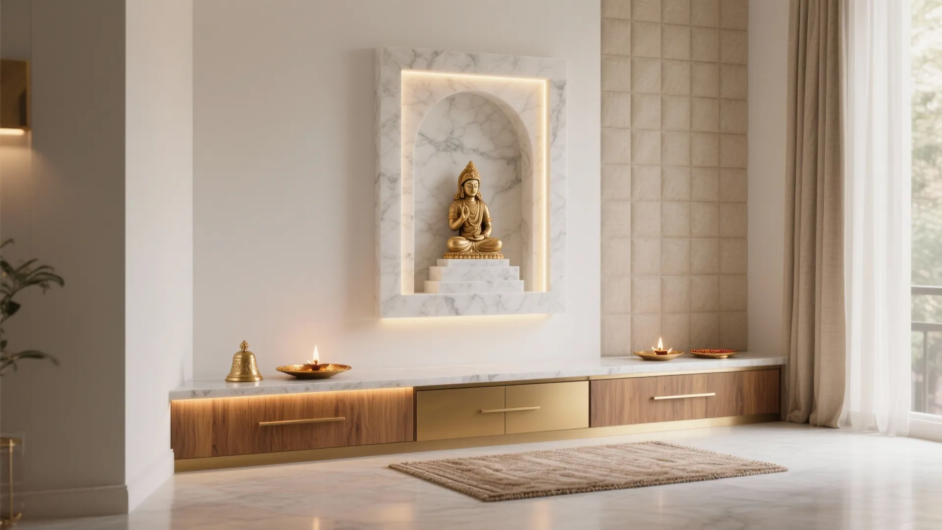 Quiet prayer corner with statue on marble platform plus padded wall and warm ceiling light