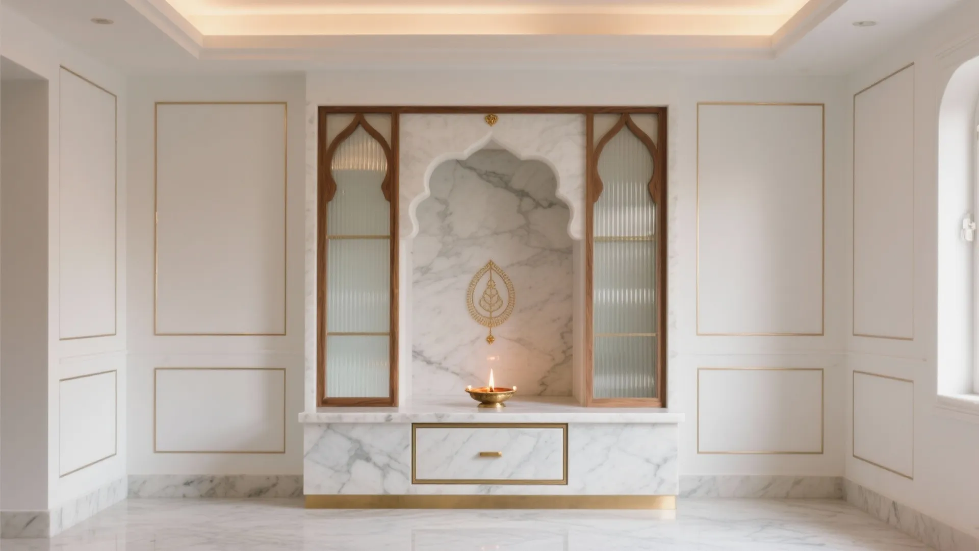Elegant marble prayer room with arched niche wooden details gold trim wall panel and small lamp