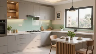 Modern Kitchen with Mint Tile Backsplash and Wood Accent