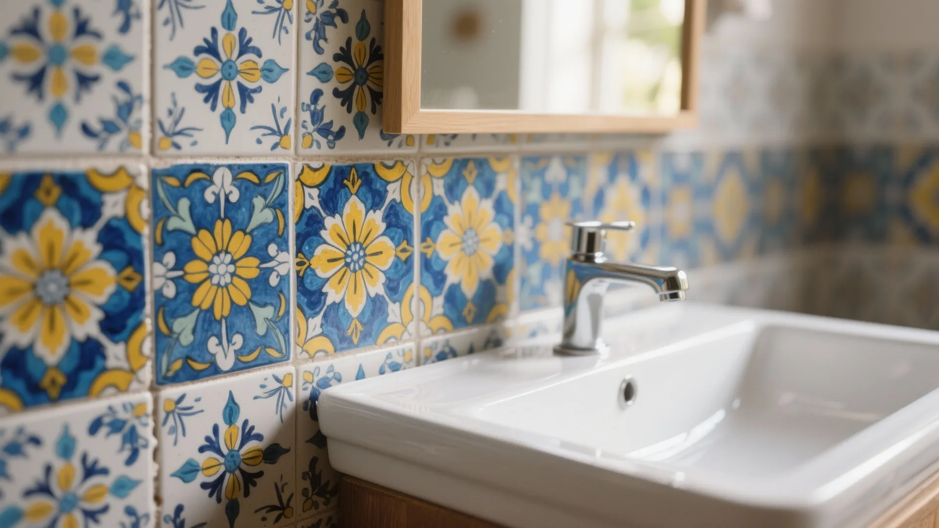 Close up of white bathroom sink with silver faucet and blue yellow floral patterned tiles