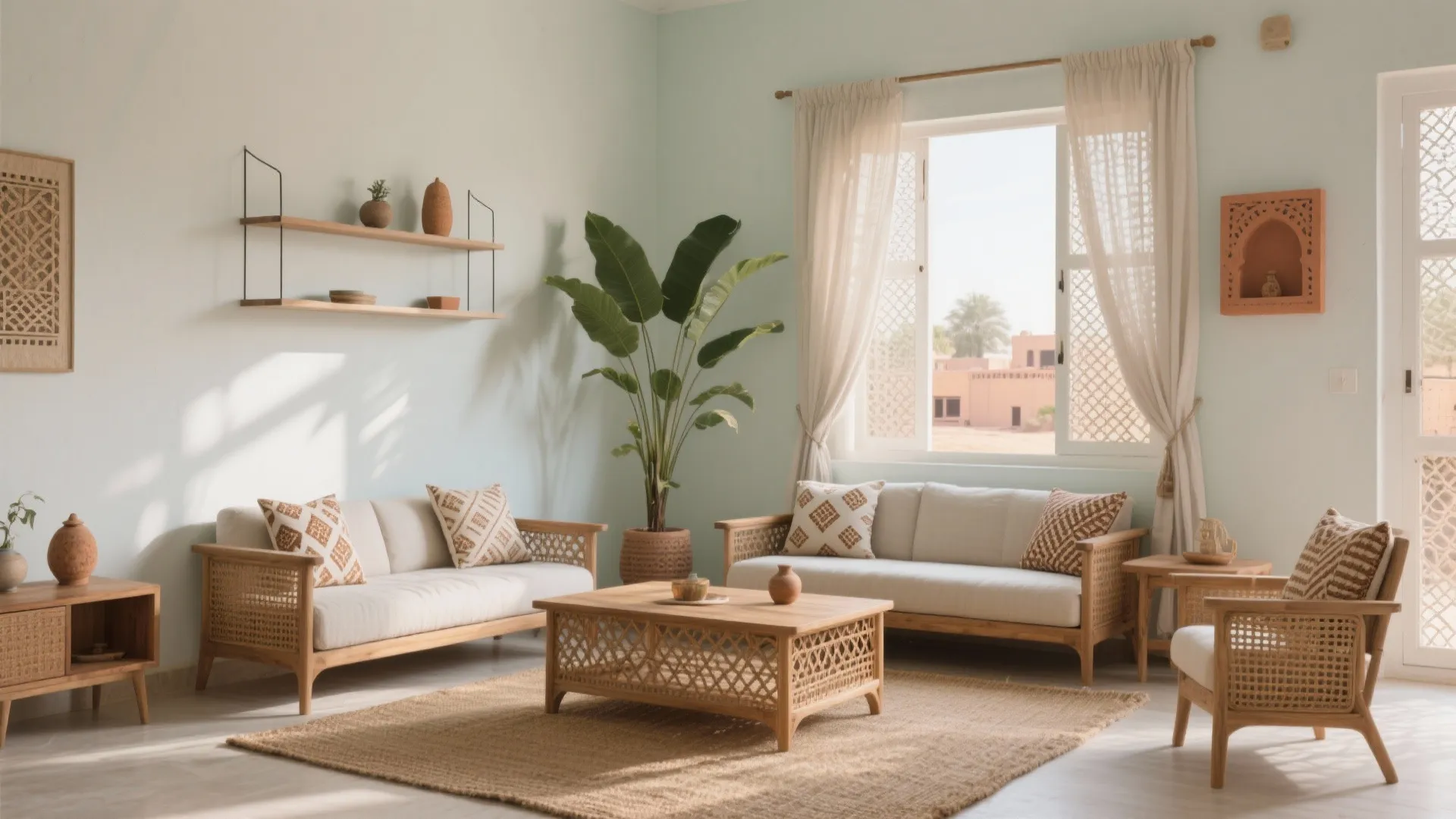 Living room with wooden sofas, green plant, coffee table, rug, white curtains, and natural sunlight