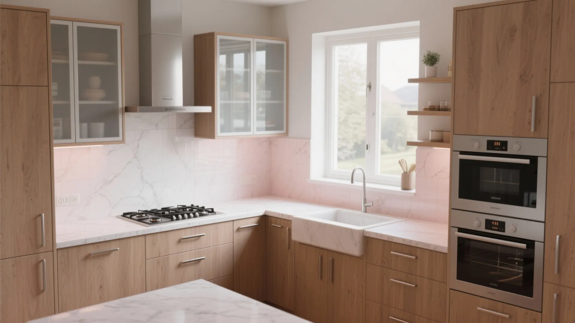 An L‑shaped modular kitchen with a breezy breakfast ledge