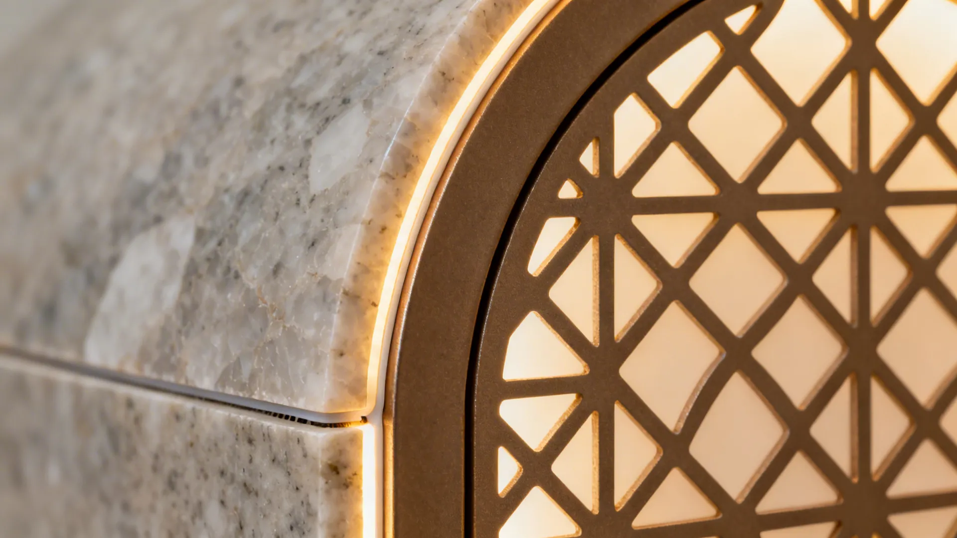 Stone inlay arch with Jali-inspired backlit panel