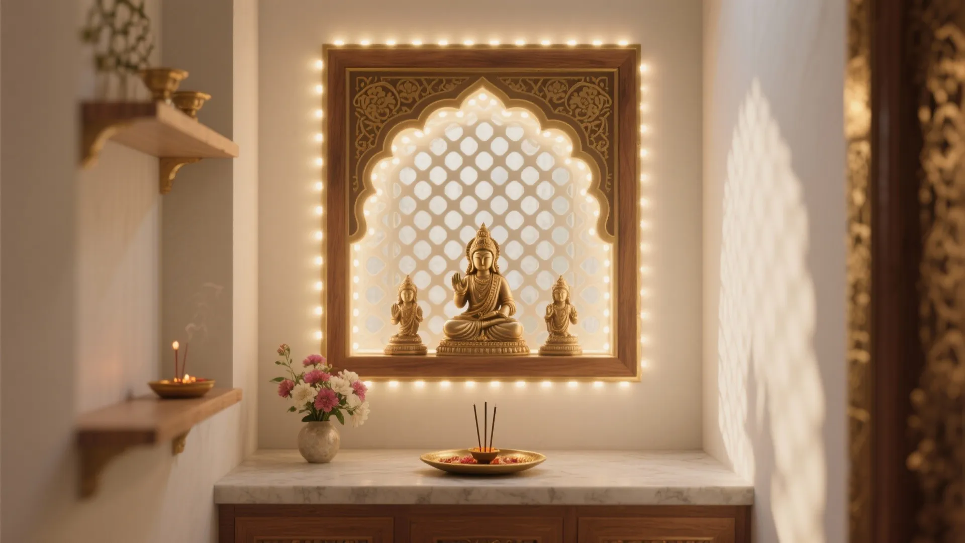 Golden statues inside a backlit carved wooden frame on marble counter with flowers and incense