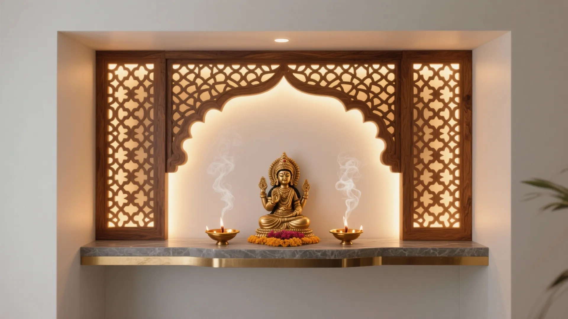 Small wall mounted cabinet with golden statue backlit by wood panels and two small candles