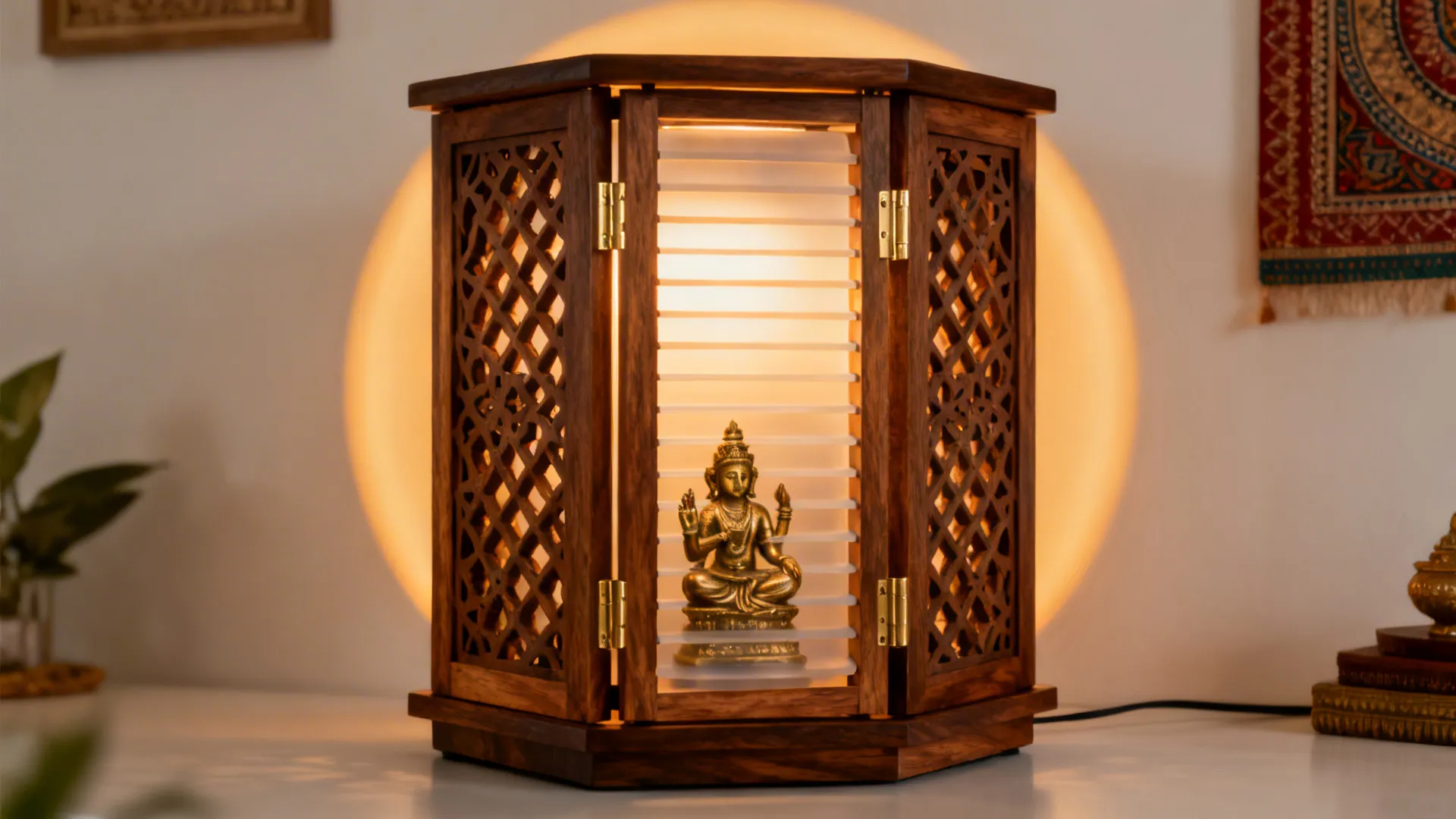 Carved wood jali panels with backlit serenity