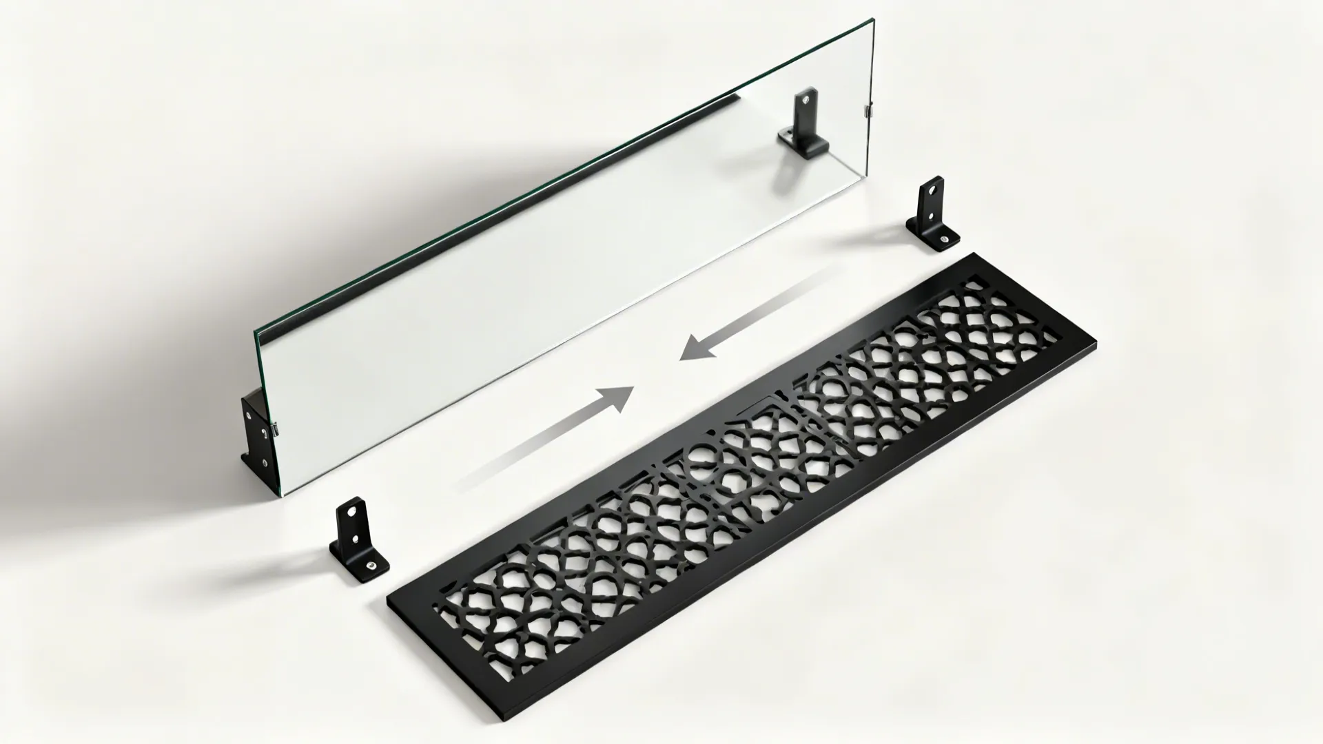 Top-down view of mirrored backsplash assembly with standoffs and laser-cut jali panel.