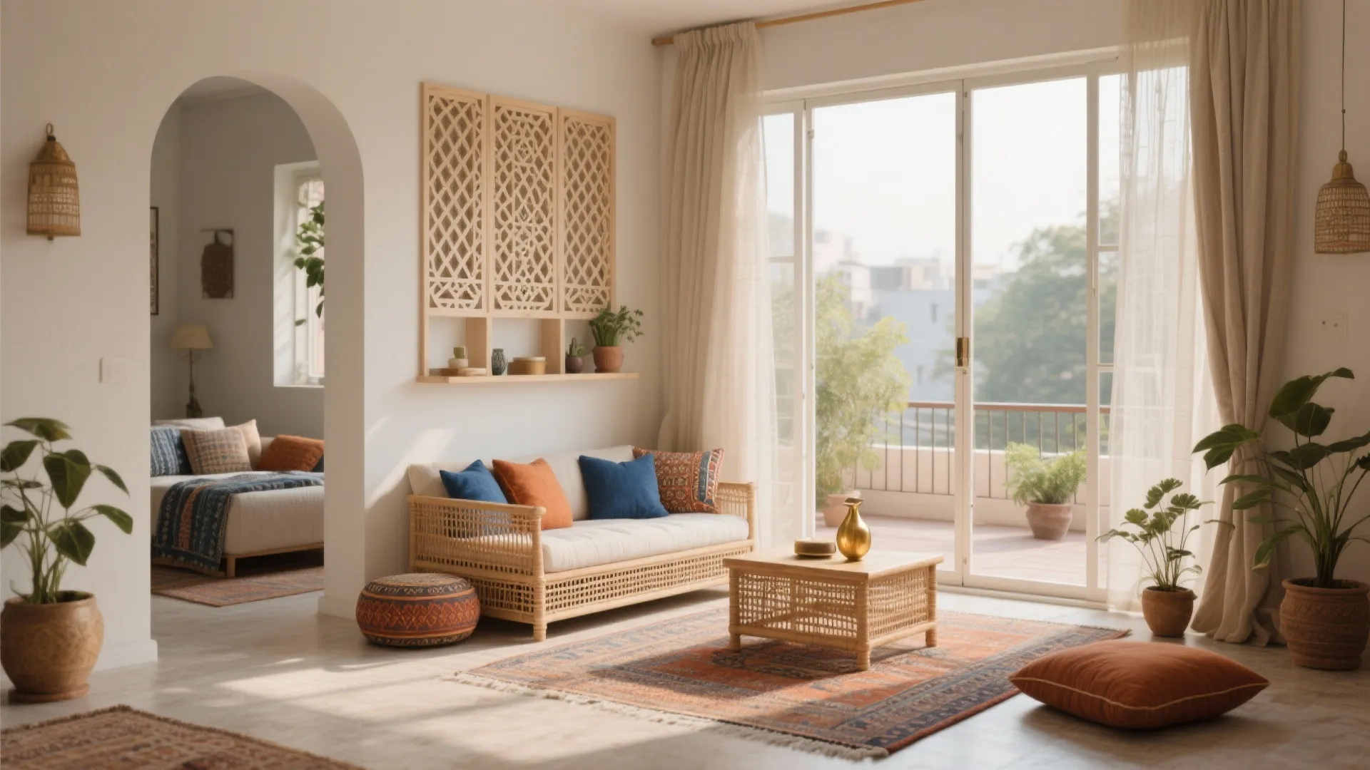 Bohemian living room with woven sofa colorful pillows patterned rug wooden wall panel and balcony view