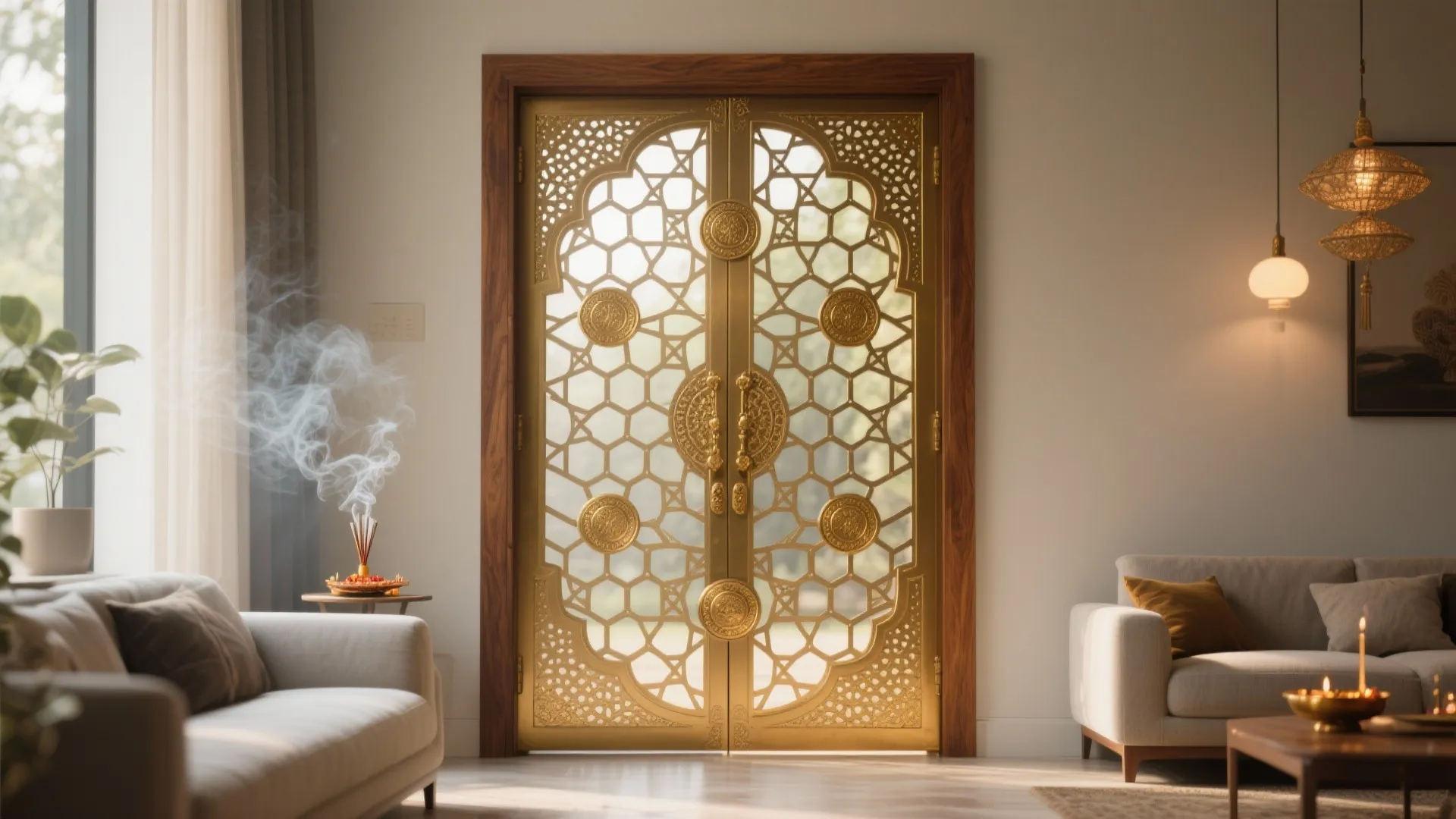 Living room with large gold patterned metal doors grey sofa wood frame and warm ceiling light