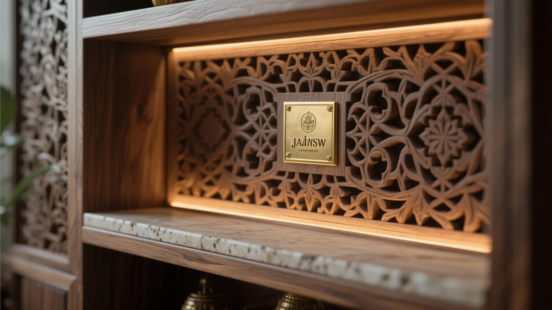 Minimal carved wall mandir with concealed storage