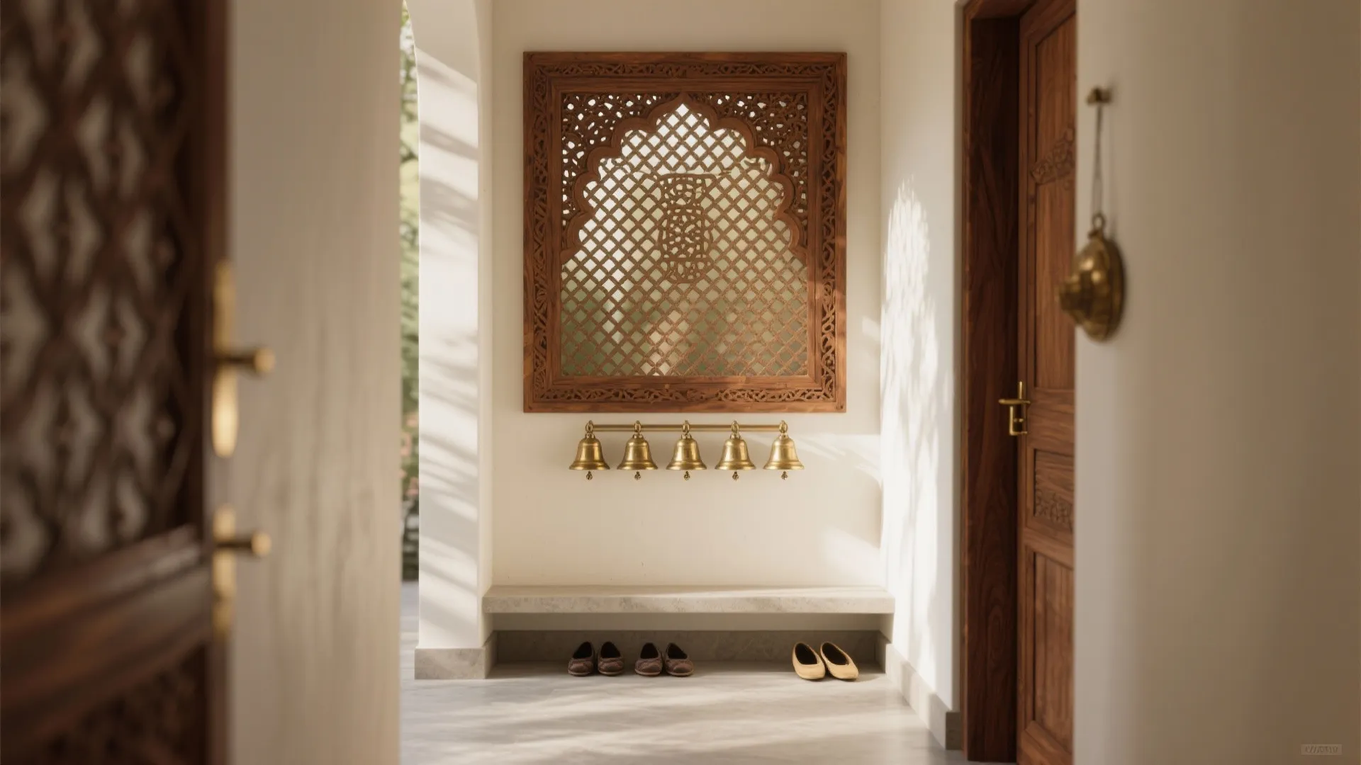 Entryway with wooden wall panel hanging brass bells stone bench and shoes on the floor