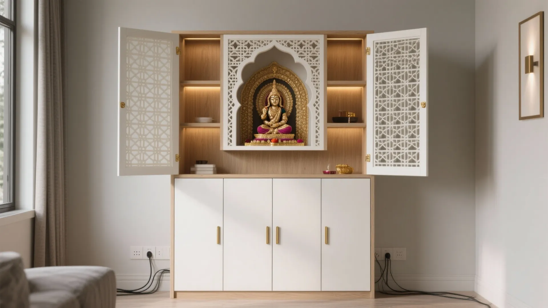 Closed Pooja Cabinet with Folding Jali Doors