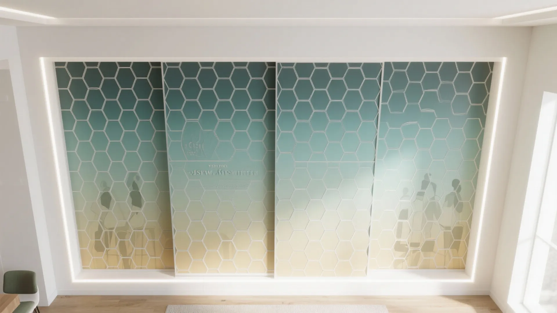 Top-down layout showing gradient jali density on a sliding etched glass panel.