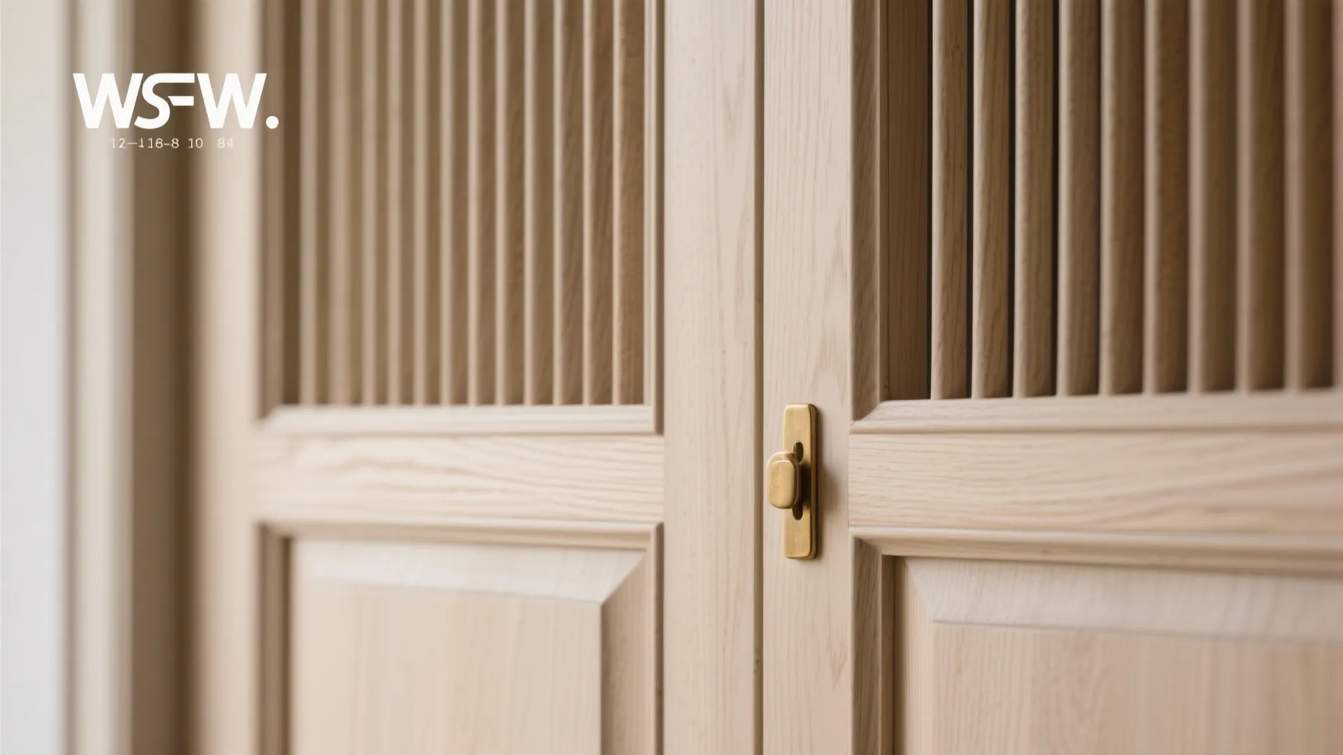 Close-up of light wood cabinet doors with vertical slats and a small gold metal handle