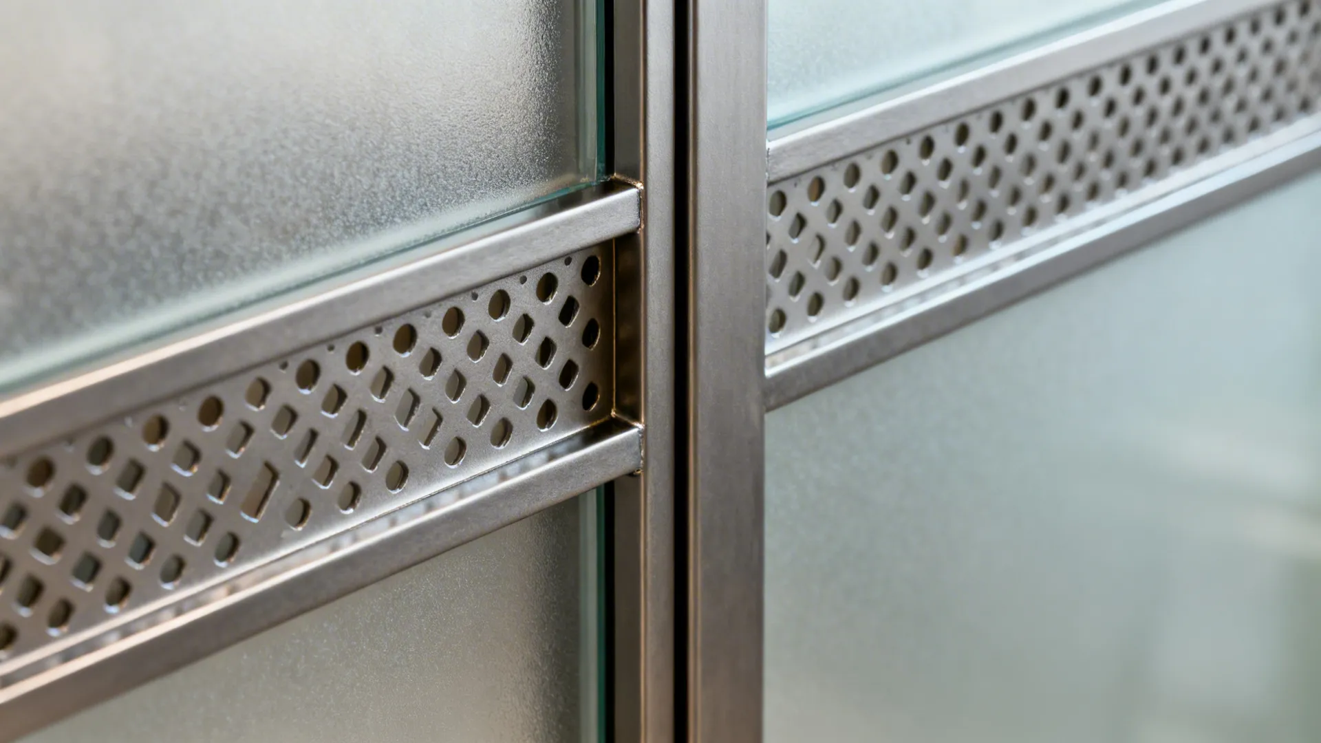 Close-up of powder-coated steel frame and perforated jali band on textured glass.