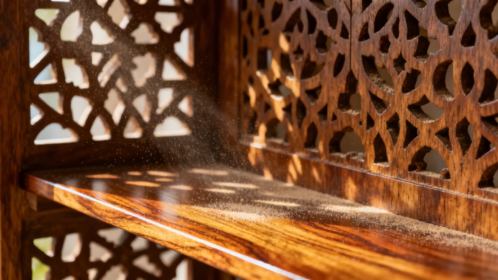 Macro of teak jali carving and floating shelf wood grain in soft daylight.