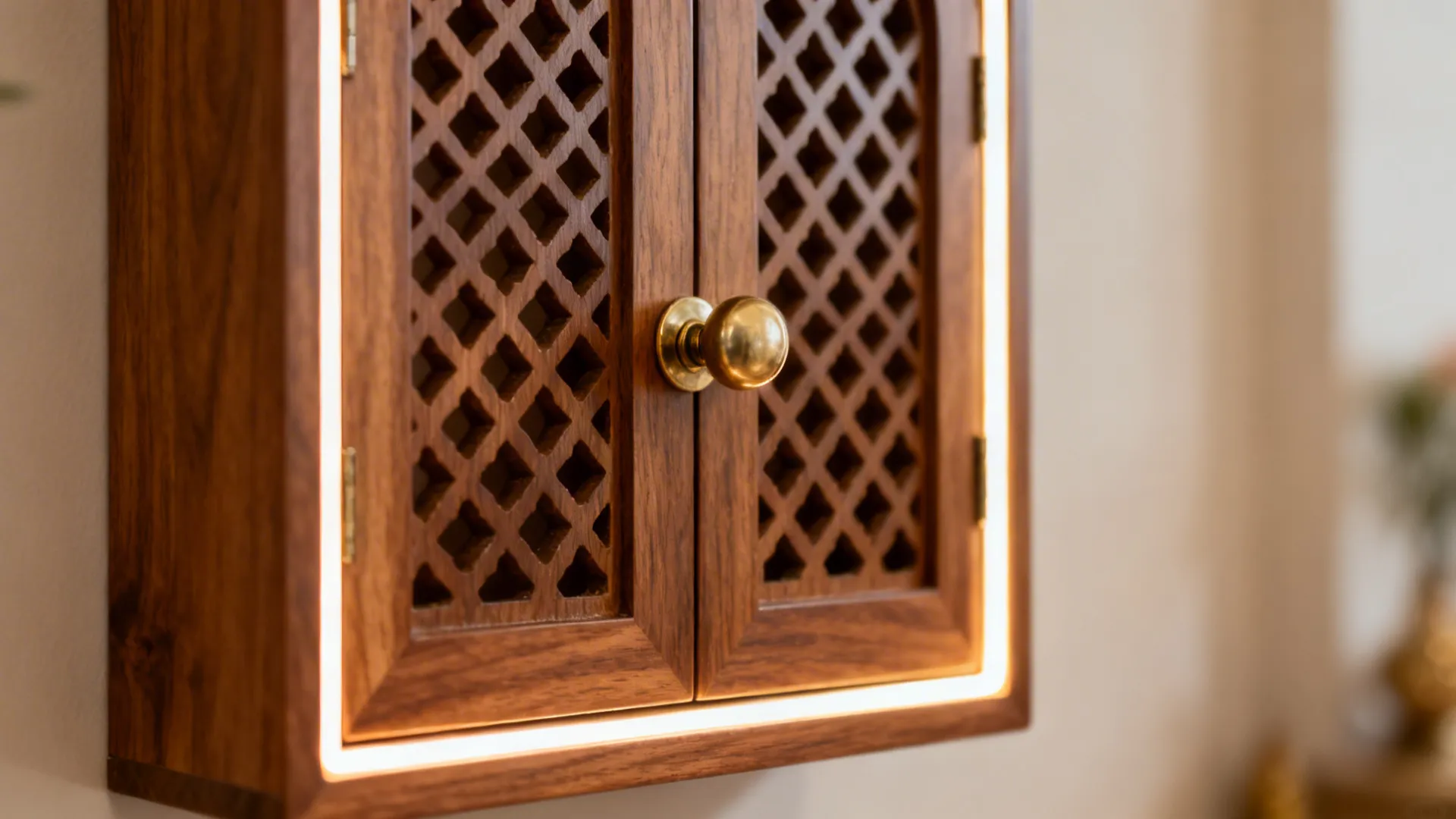 Close-up of a matte teak jali door with a brass knob and soft LED glow on a wall-mounted mandir.
