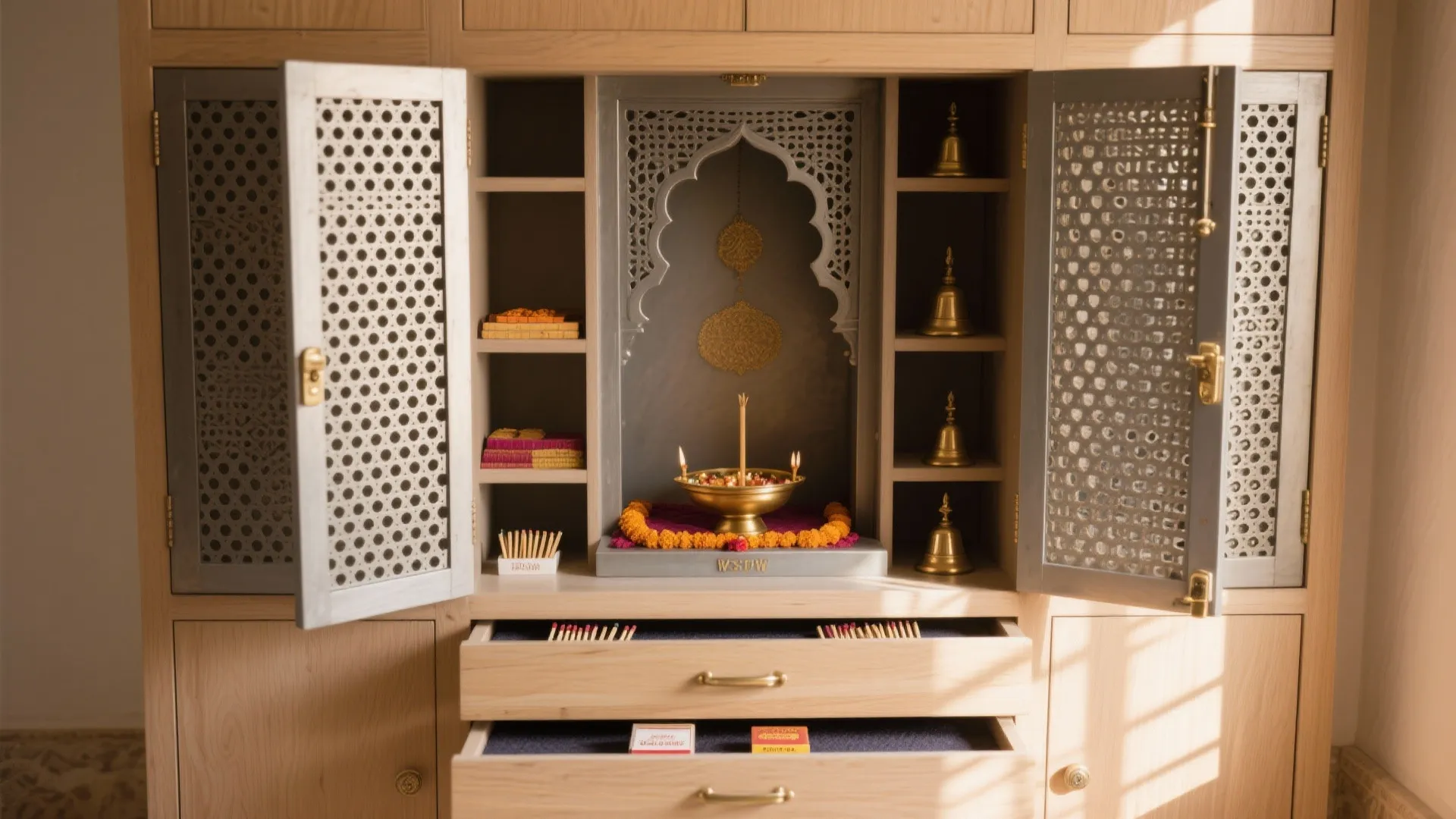 Jali doors with hidden drawers