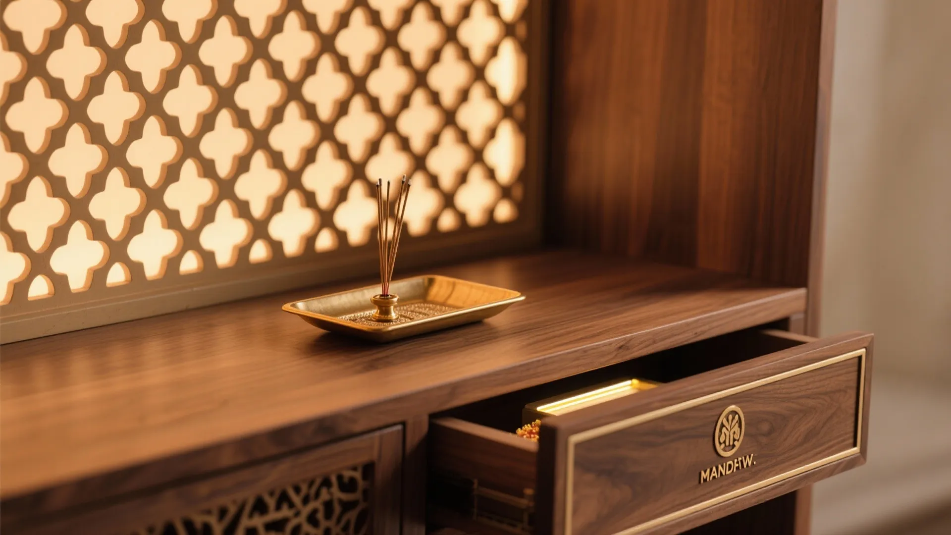 Macro of warm backlit jali panel and soft-close drawer with oak veneer and brass tray.