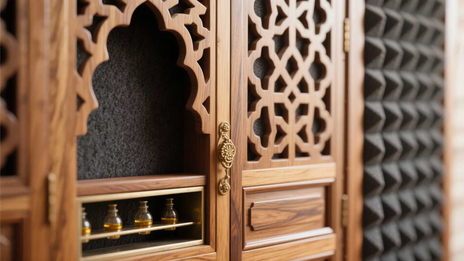 Macro of wooden jali door with acoustic felt backing and precise edge-banding on a mandir unit.
