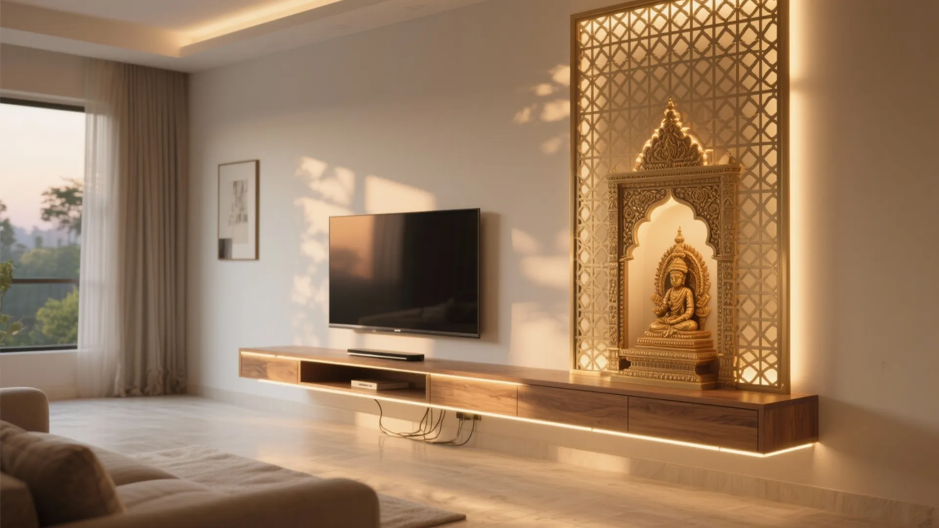 Modern living room with floating wooden cabinet TV and golden Buddha statue decoration with lights