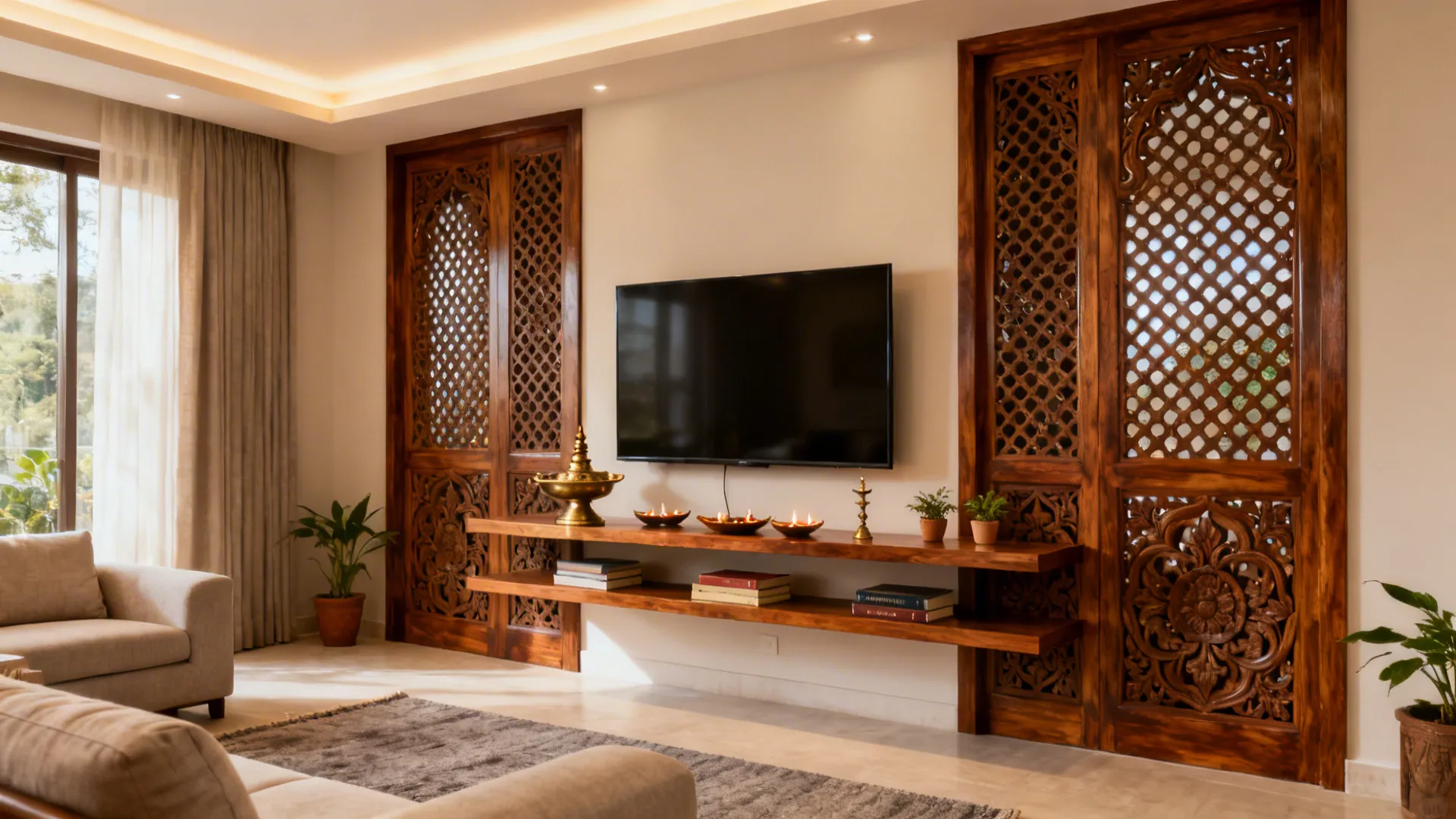 Teak jali panel living room wall with floating shelves and brass decor.