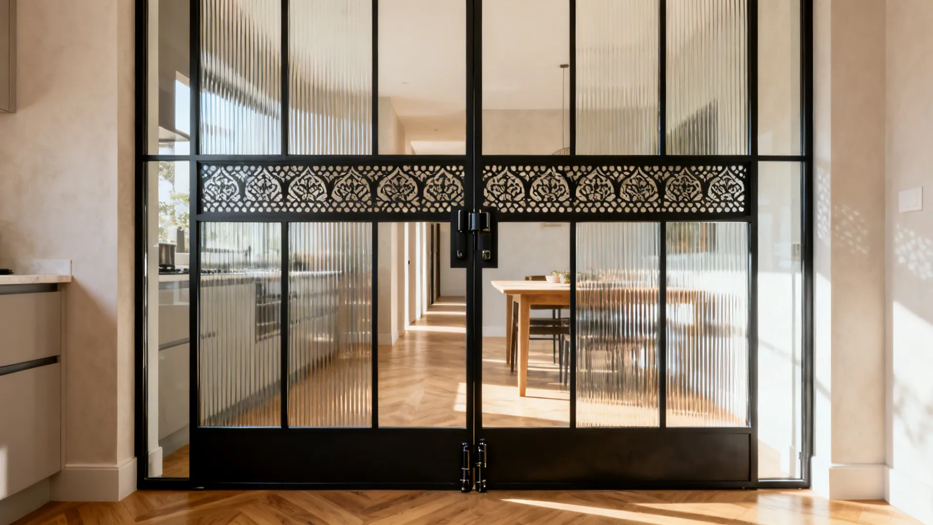 Steel-framed glass kitchen entrance with a perforated jali band brightening the dining area.