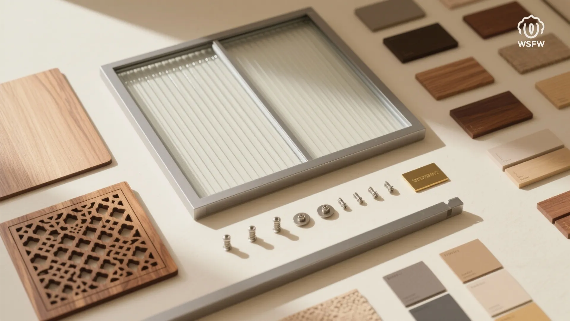 Modern interior design drawing material board with fluted glass, wood samples, and small metal screws