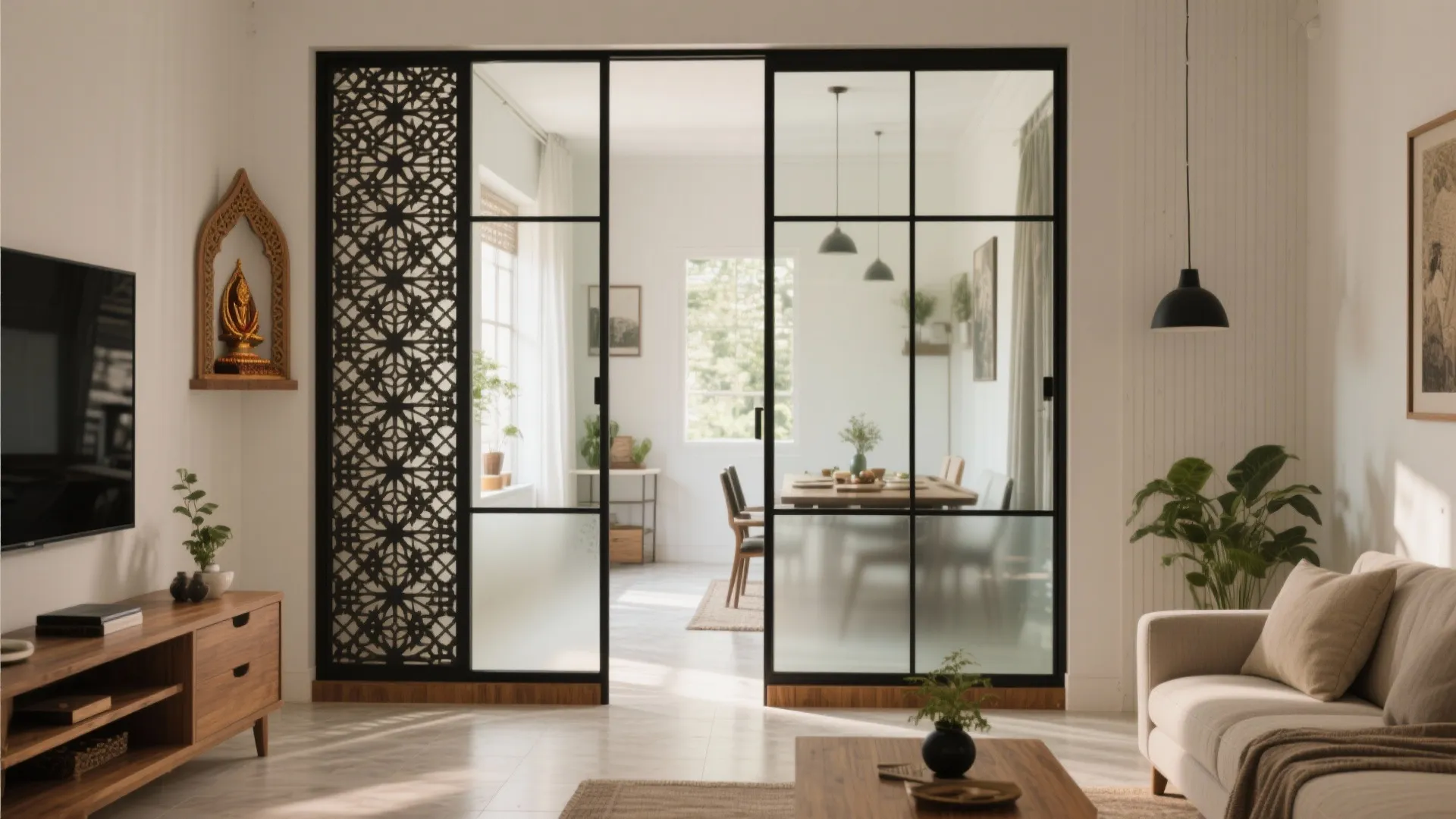 Jali and glass partitions for light and privacy