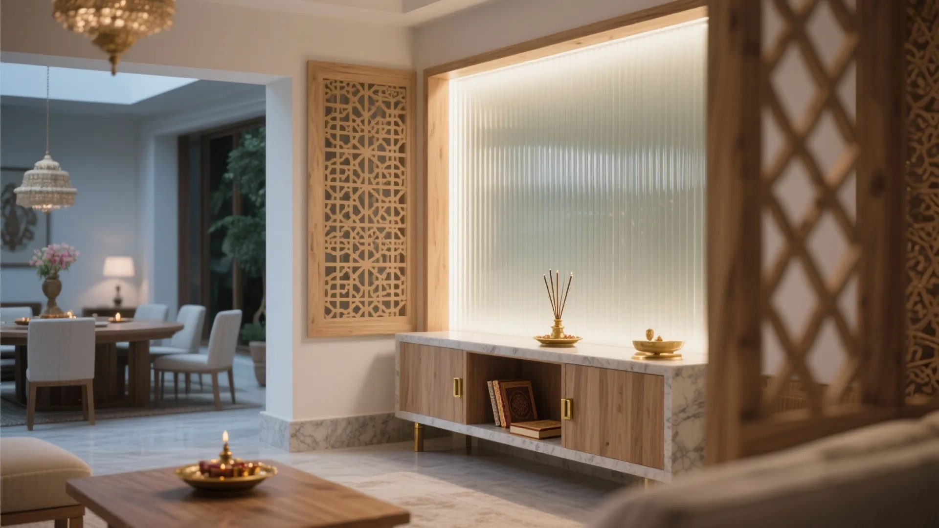 Modern interior with wooden screen and glass partition next to a cabinet with warm lighting