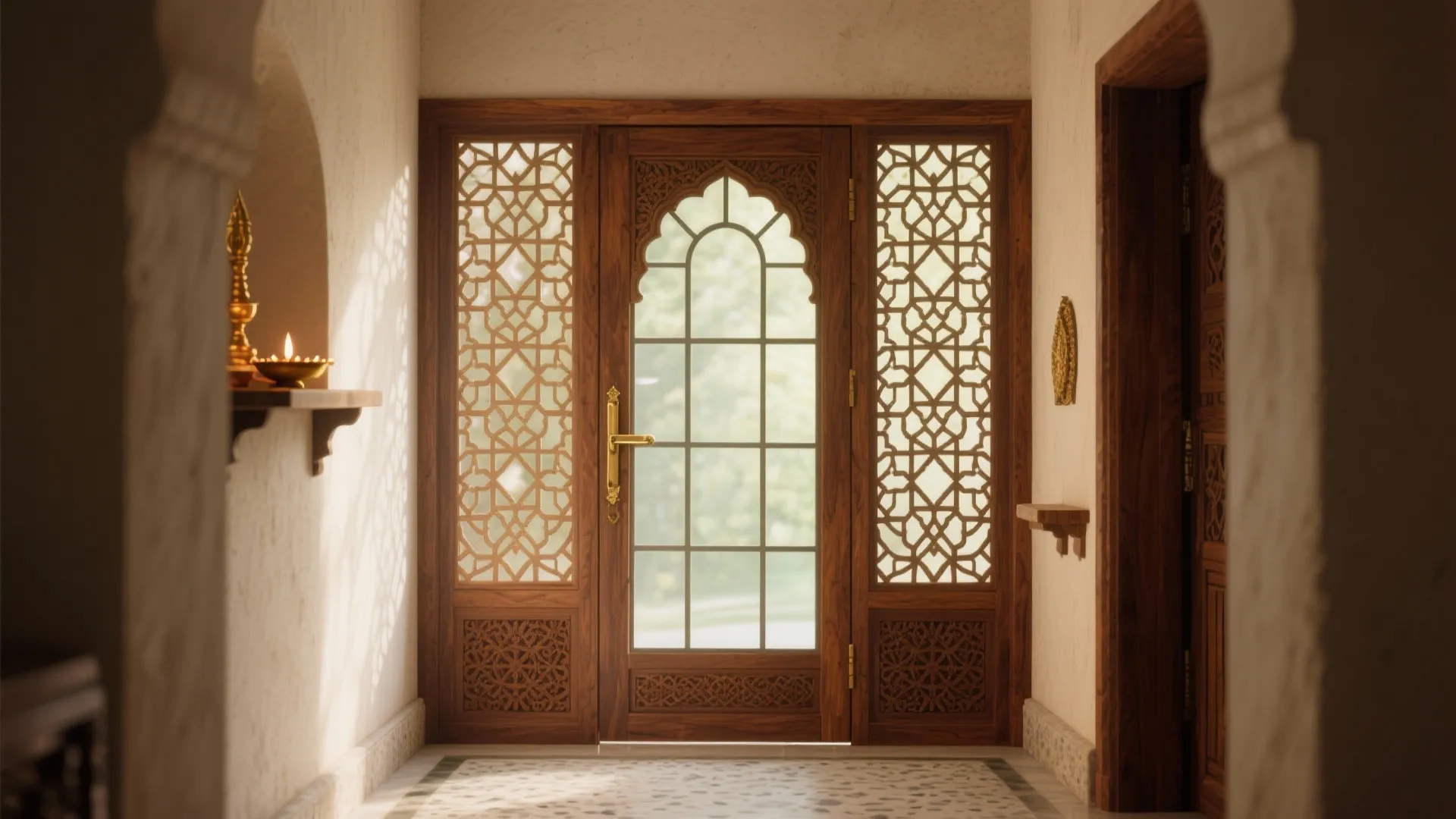 Carved Jali Wood Doors with a Light Backing