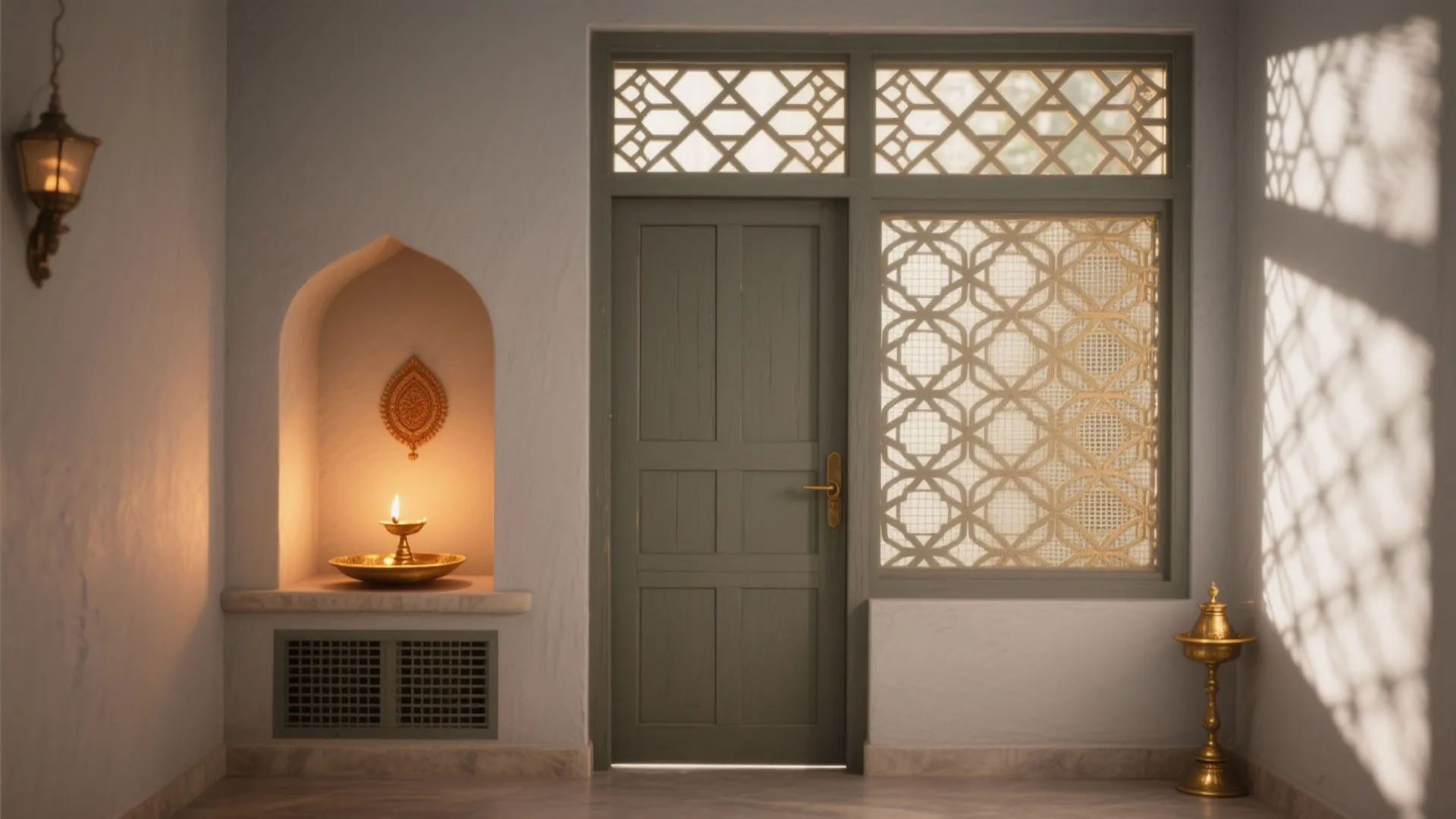 Solid door with upper jali lattice panel casting soft shadows in a pooja nook.