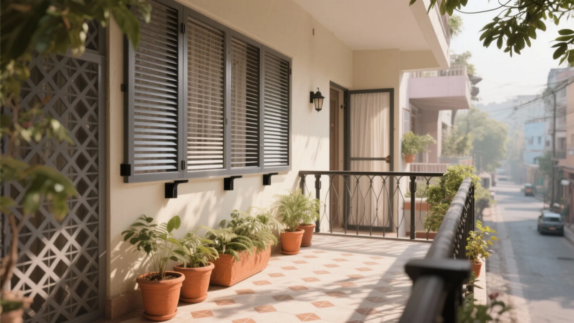Modern balcony featuring grey window shutters black metal railing potted plants and a quiet street view