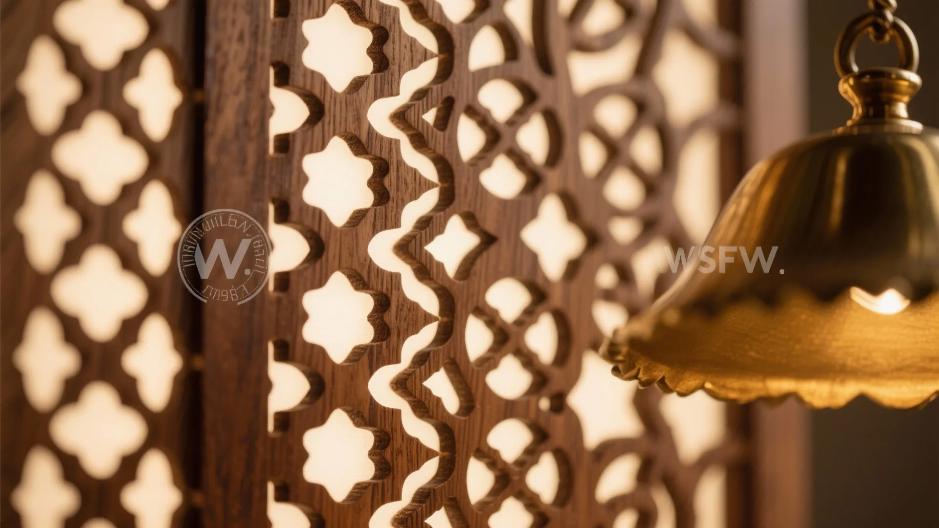 Detailed carved wooden screen with star patterns and warm light behind a small hanging bell