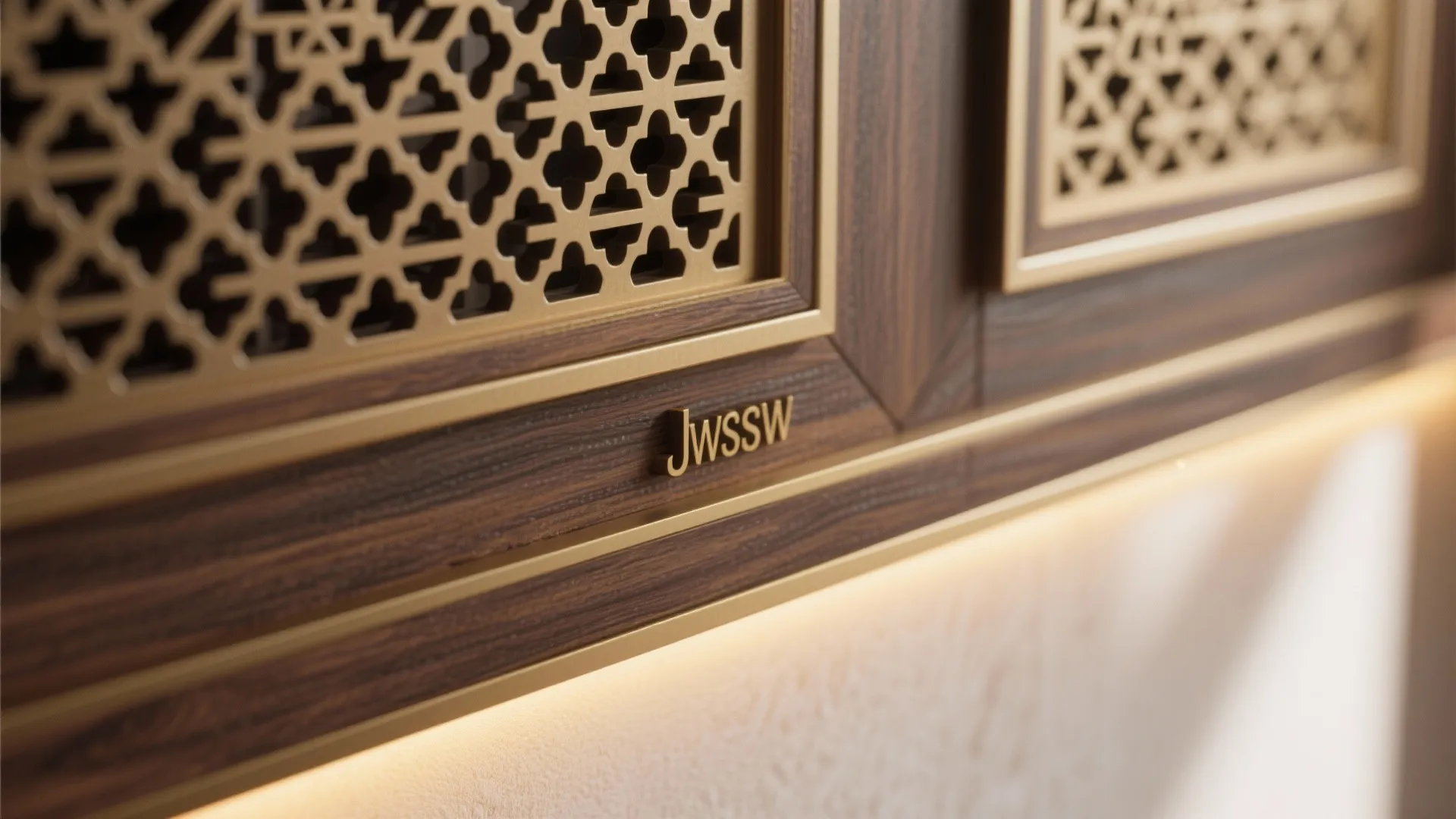 Macro detail of CNC-cut jali screen with warm cove glow and clean veneer edge.