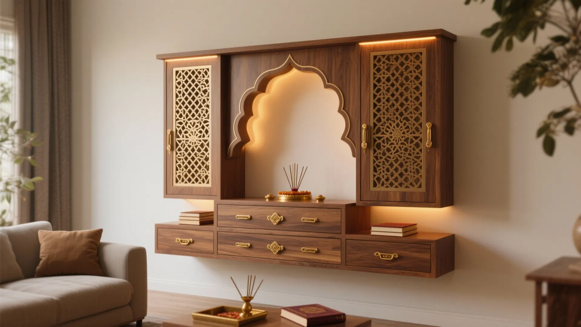 Wall-mounted mandir with jali screens