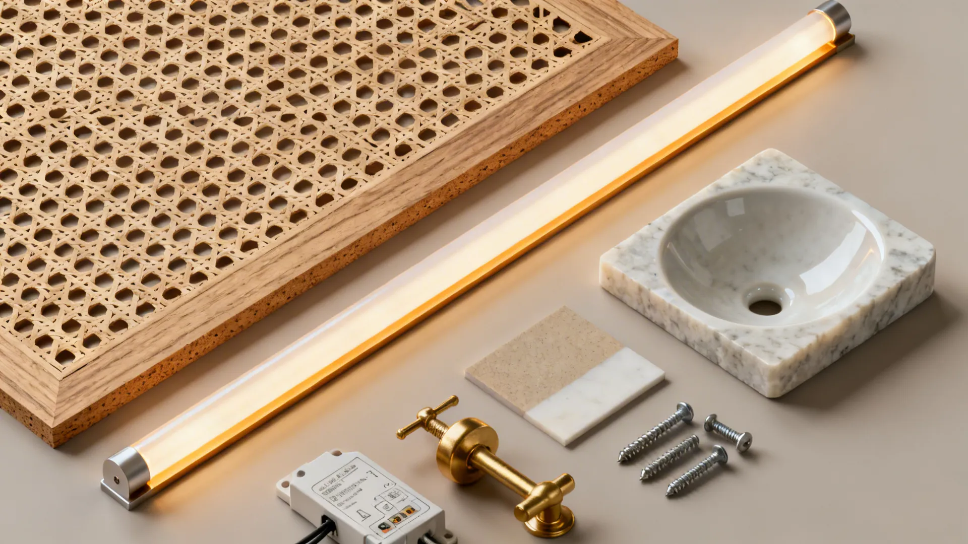 Flat-lay of jali panel sample, warm LED with diffuser, quartz, ceramic, and brass.