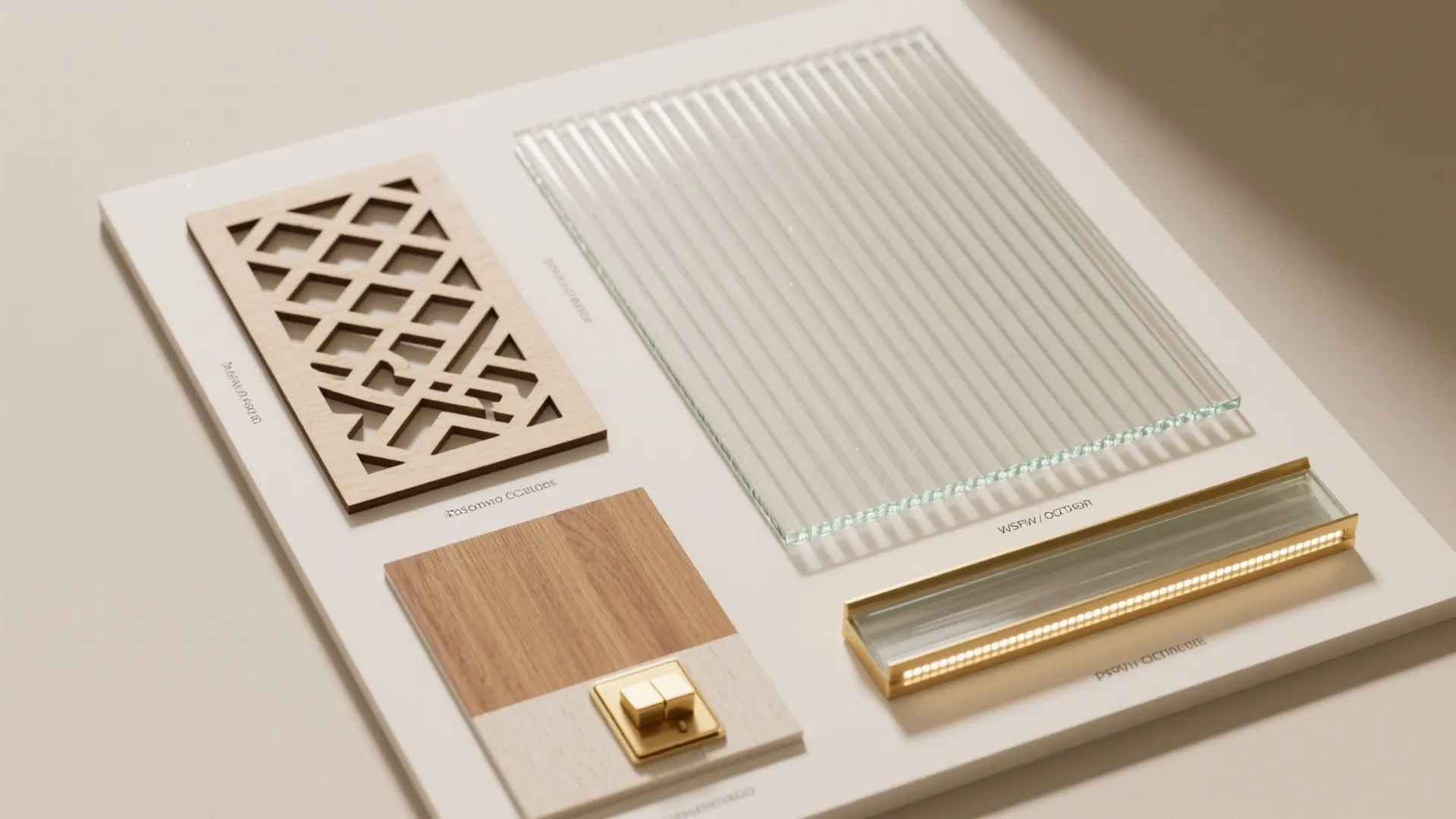 Top-down flat lay of MDF jali, fluted glass, laminate base, brass detail, and LED strip samples.