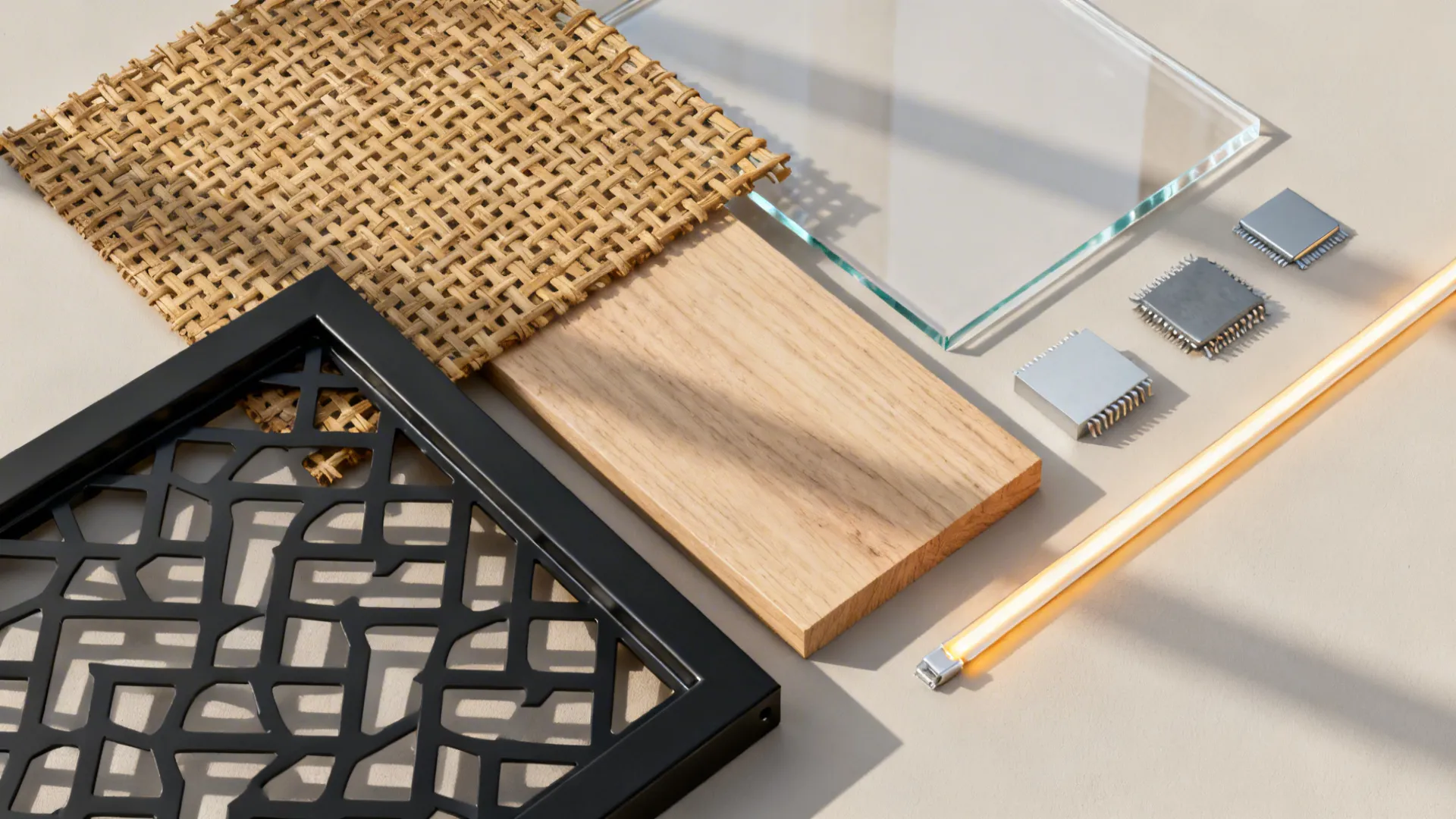 Top-down material flat lay with rattan, matte metal, clear acrylic, light oak, and aluminum samples.