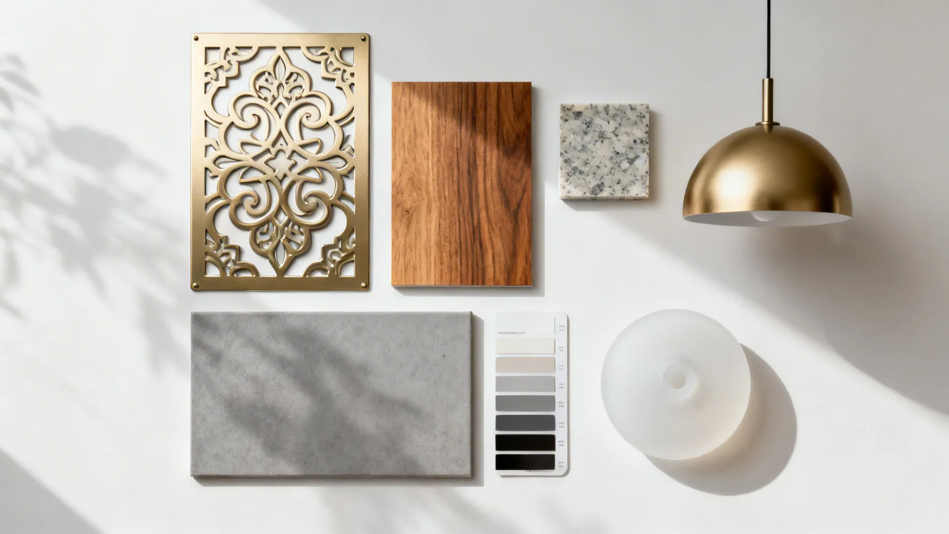 Flat lay of CNC-cut aluminium jali sample with satin champagne finish alongside wood, quartz, and tile swatches.