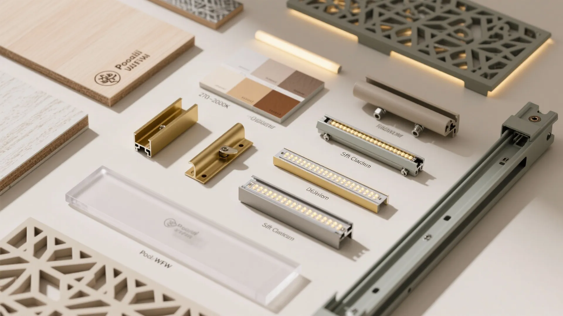 Flatlay of MDF, aluminum, acrylic, satin brass, LED strips, and sliding hardware for pooja jali design.