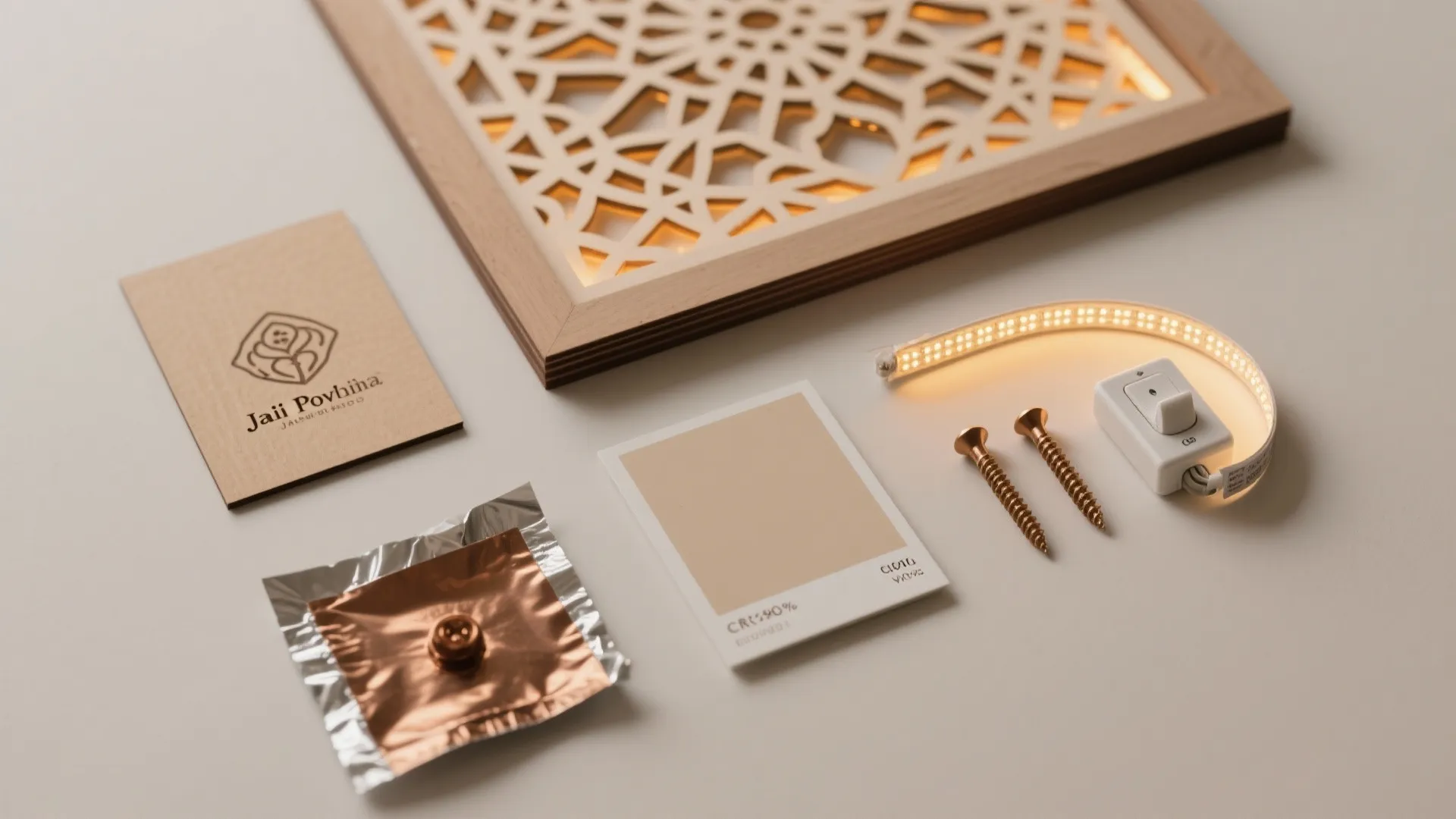 Flatlay of MDF jali sample, warm LED strip, dimmer, and neutral paint swatches.