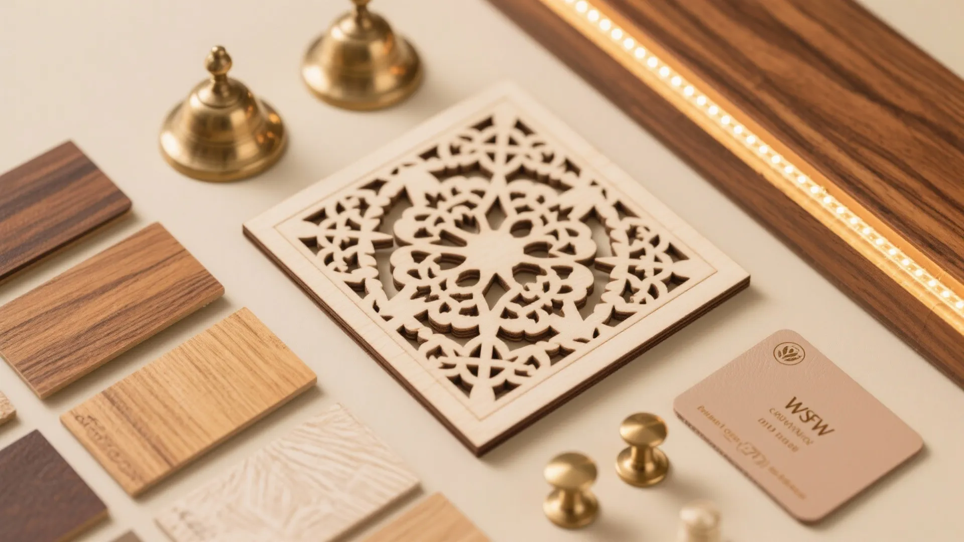 Flat lay with CNC jali sample, wood veneers, brass hardware, and warm LED strip.