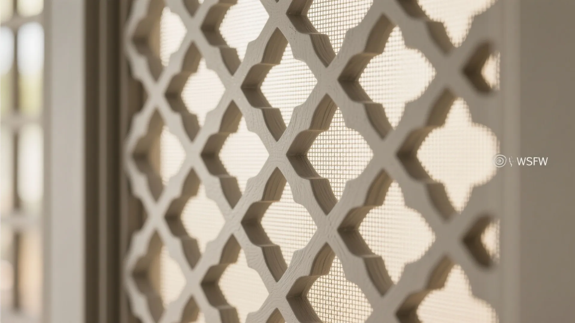 Macro of geometric jali lattice with fine mesh and matte painted finish.