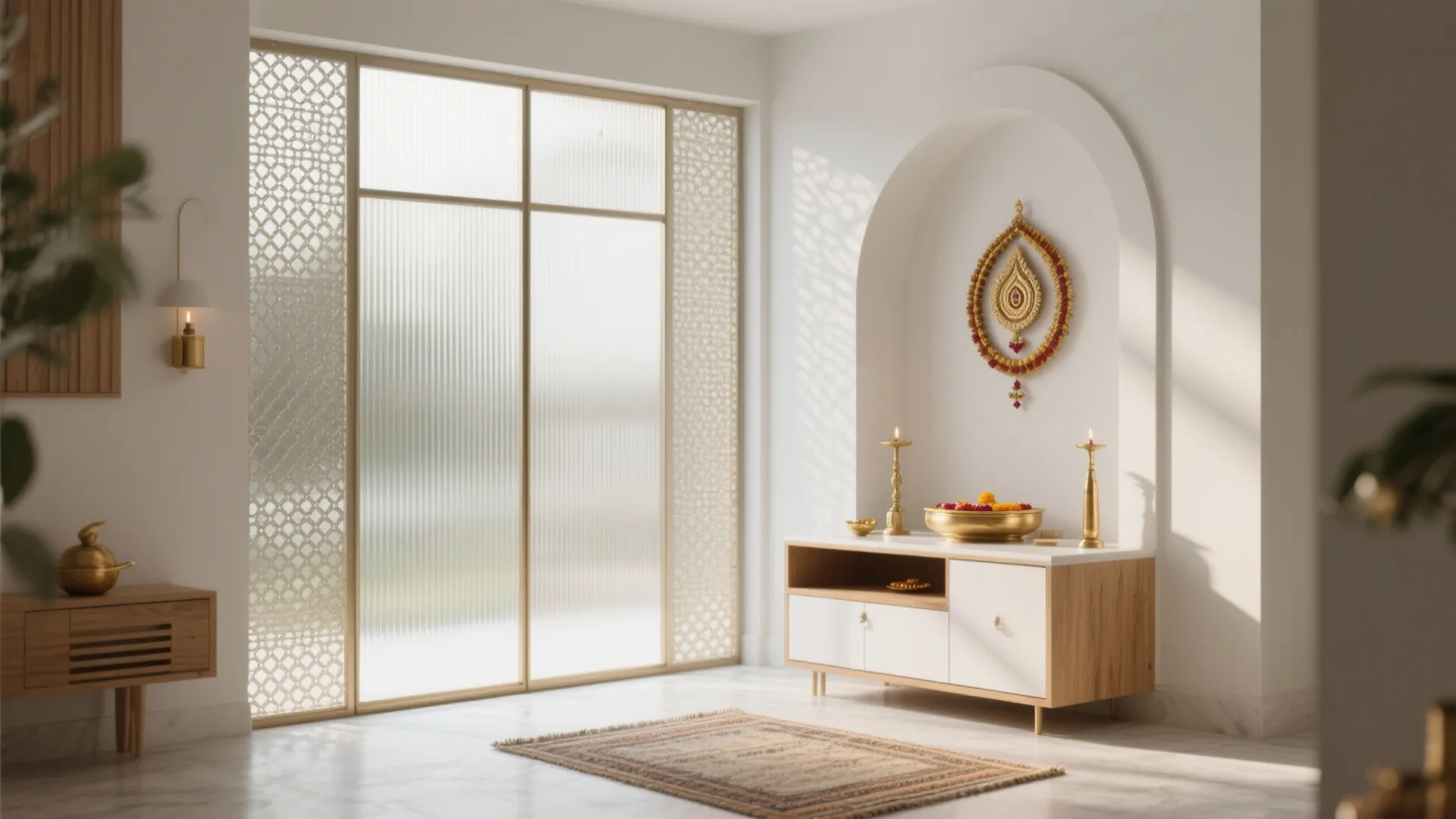 Glass and jali partitions for an airy, respectful boundary