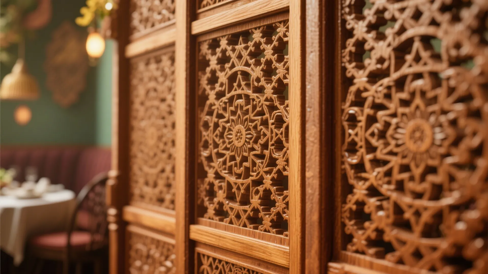 Intricate jali-pattern wooden partition in restaurant