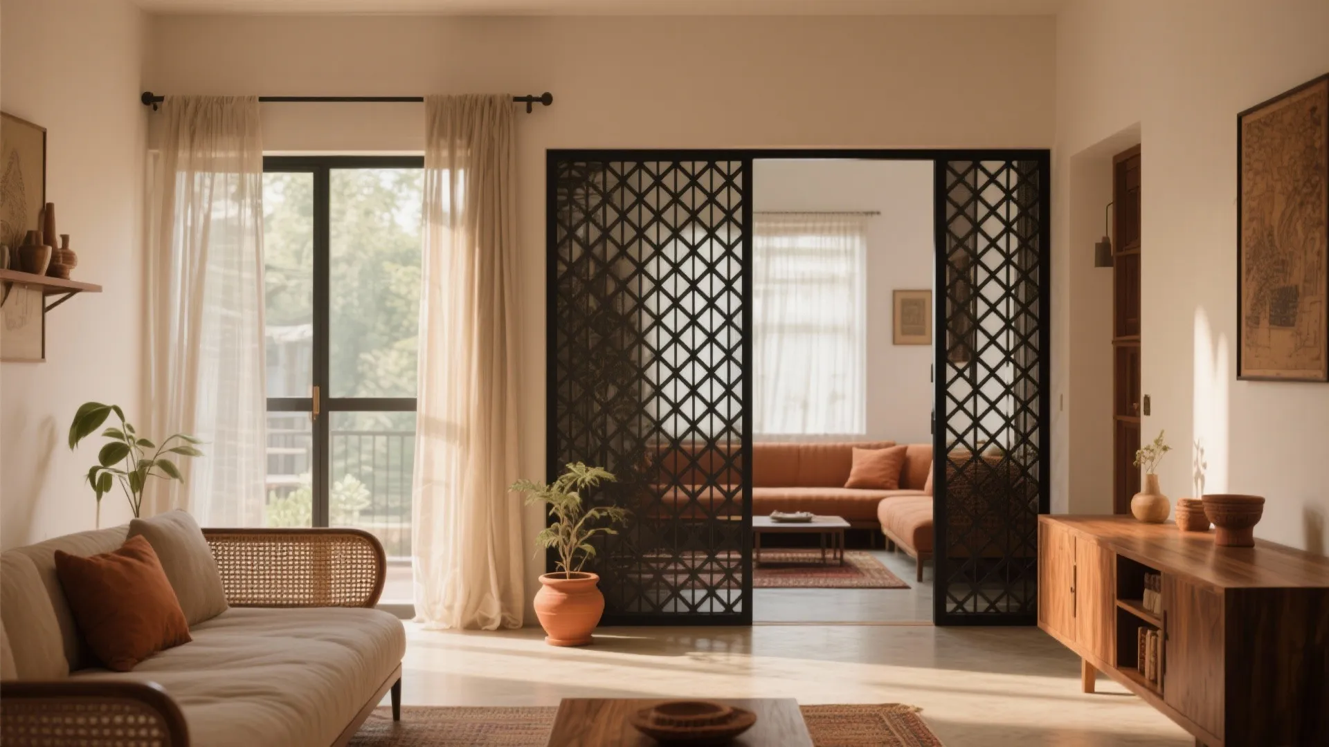 Slim matte-black jali partition zoning a compact Indian living room without blocking light.