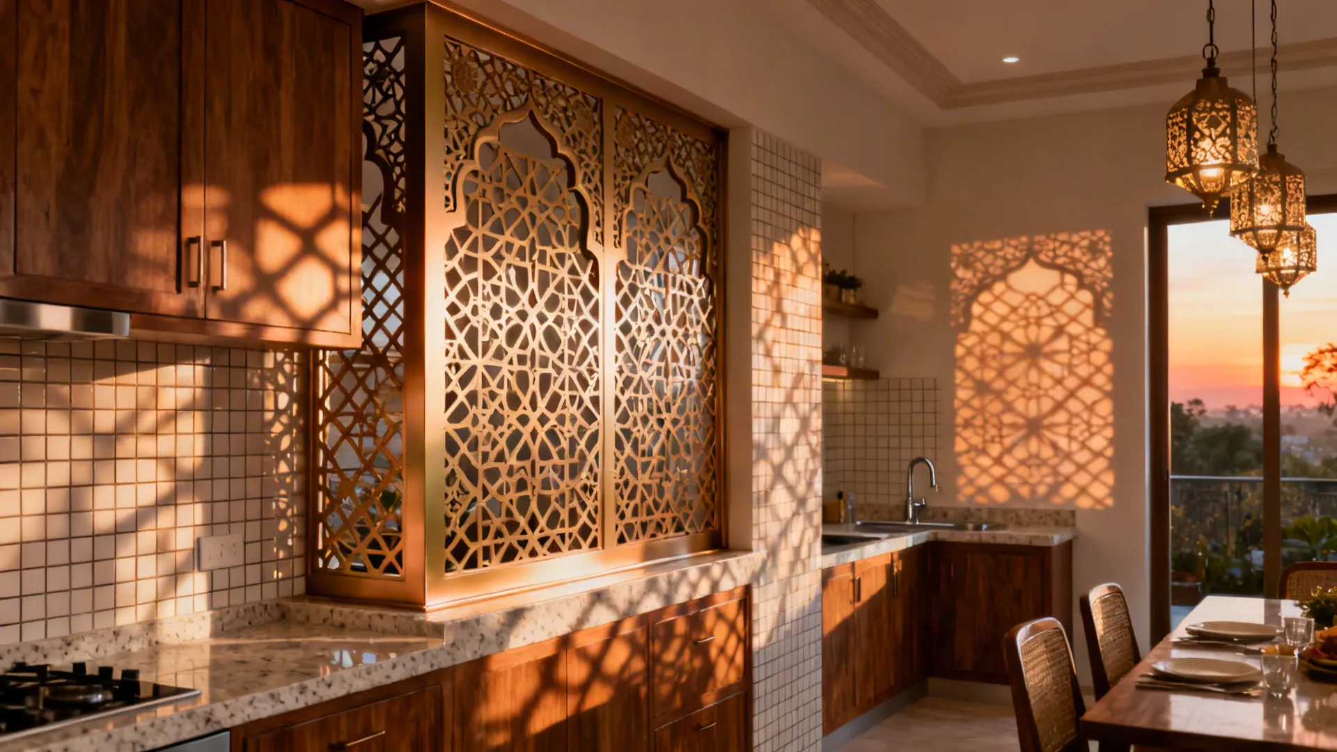 Semi-open kitchen with a CNC-cut aluminium jali panel in a Mughal-inspired motif and satin finish.