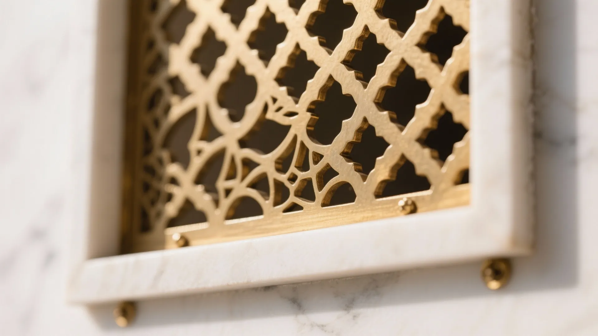 Close-up of laser-cut brass jali casting soft patterned light on white marble.