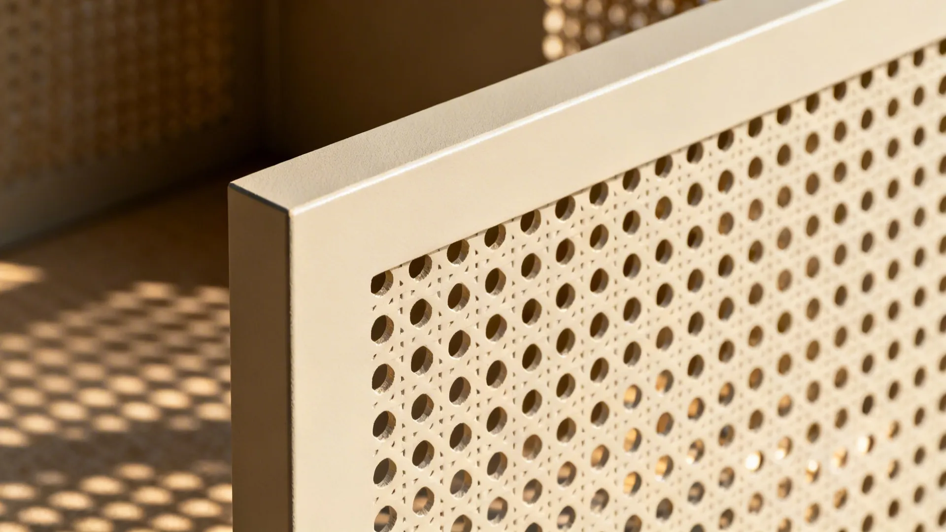 Close-up of a semi-open jali panel with clean perforations and soft daylight passing through.